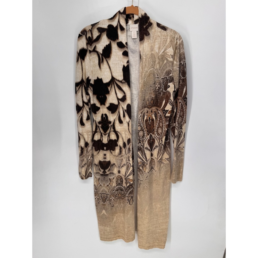 Chico's Cardigan Womens 0 Tan Mixed Paisley Abstract Longline Open Front Duster